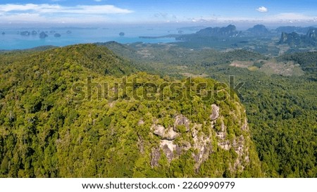 Panoramic drone view of Dragon's Crest (Khao Ngon Nak) summit. Krabi Province, Thailand.