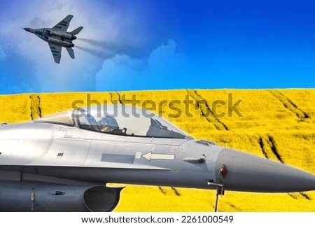 Collage of air fighters F-16, russian and Ukraine flag from Blue sky and yellow field. Royalty-Free Stock Photo #2261000549