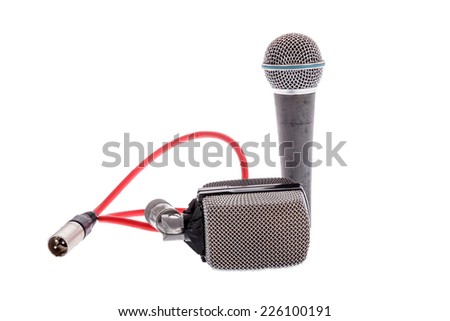 studio recording groups of microphones for lead vocal on live gig  or for drums ,  music instruments for performance isolated on white