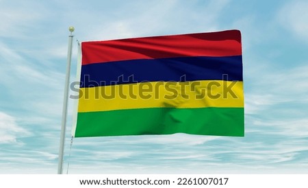 Seamless loop animation of the Mauritius flag on a blue sky background. 3D Illustration. High quality 3d illustration