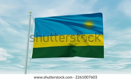 Seamless loop animation of the Rwanda flag on a blue sky background. 3D Illustration. High quality 3d illustration