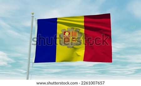 Seamless loop animation of the Andorra flag on a blue sky background. 3D Illustration. High quality 3d illustration