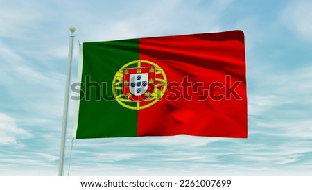 Seamless loop animation of the Portugal flag on a blue sky background. 3D Illustration. High quality 3d illustration