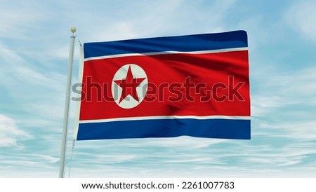 Seamless loop animation of the North Korea flag on a blue sky background. 3D Illustration. High quality 3d illustration