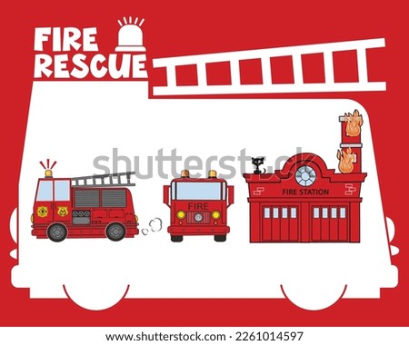 Fire and rescue icon illustration with comic style fire engine and fire station drawing design