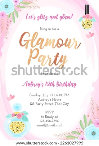 Glam birthday party invitation template. Beautiful frame with flowers and makeup products drawn in cartoon style on a pink watercolor background. Vector illustration 10 EPS. Royalty-Free Stock Photo #2261027995