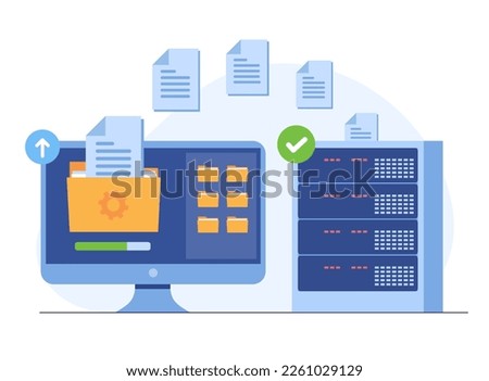 File transfer. Files transferred encrypted form. Program for remote connection between two computers. Full access to remote files and folders. Data Center concept based. Business organization. Royalty-Free Stock Photo #2261029129