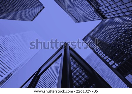 Purple office buildings, ground's eye view