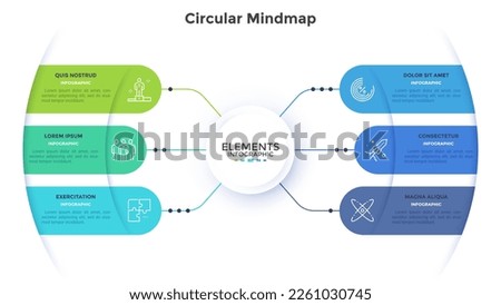 Connection of company departments circular mindmap infographic design template. Business strategy effectivity elements visualization. Informative chart with 6 steps. Data presentation material Royalty-Free Stock Photo #2261030745