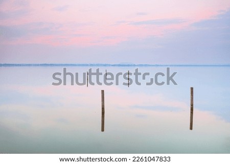 Steinhuder Meer north shore with jetty at sunrise - view to the south on the sailing boats. the largest lake of northwestern Germany and it is a nationwide tourist destination