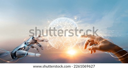 AI, Machine learning, Hands of robot and human touching big data of Global network connection, Internet and digital technology, Science and artificial intelligence digital technologies of futuristic. Royalty-Free Stock Photo #2261069627