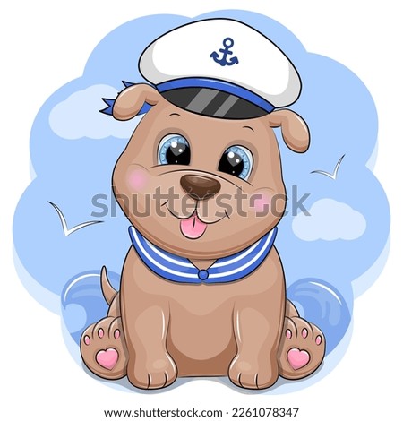 Cute cartoon dog Captain. Summer vector illustration of an animal on a blue background with clouds and waves.