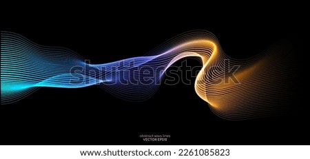 Vector abstract light lines wavy flowing dynamic in blue purple orange colors isolated on black background for concept of energy, electric, technology, digital, 5G, science, music Royalty-Free Stock Photo #2261085823