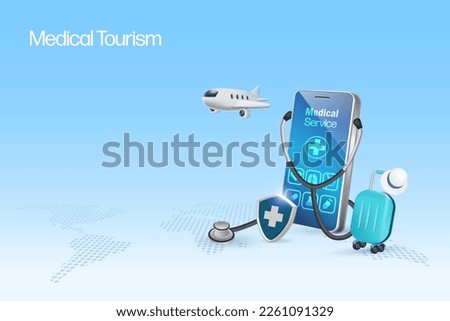 Medical tourism concept. Stethoscope on smartphone with airplane and luggage, symbol of tourist passenger flying for medical treatment and surgery service. 3D vector.