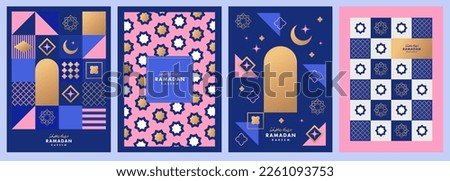 Ramadan Kareem poster, holiday cover set. Islamic greeting card, banner template. Arabic text translation Ramadan Kareem. Modern beautiful design with geometric style pattern in blue, gold, pink color Royalty-Free Stock Photo #2261093753