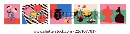 Bouquets of flowers, still lifes with fruits and flowers in vases. Drawing style. Colorful illustrations of flowers, fruits and still lifes. Modern interior painting. Hand drawn vector illustration. Royalty-Free Stock Photo #2261097819