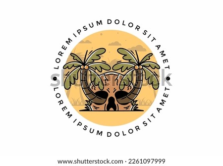 illustration badge design of two coconut trees growing on a skull
