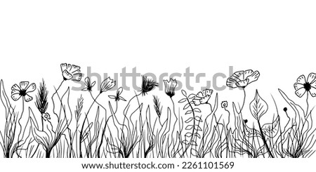 Hand drawn wild grass and flowers, black and white vector illustration