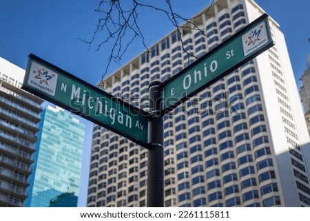 Michigan ave and Ohio st along the Magnificent Mile in downtown Chicago on clear day