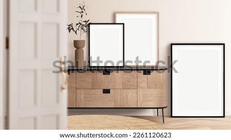 An interior scene set up, 3 frames mockup in black and wooden color. The Scandinavian interior scene, door blur, olive branch, cabinet, and vase decoration.