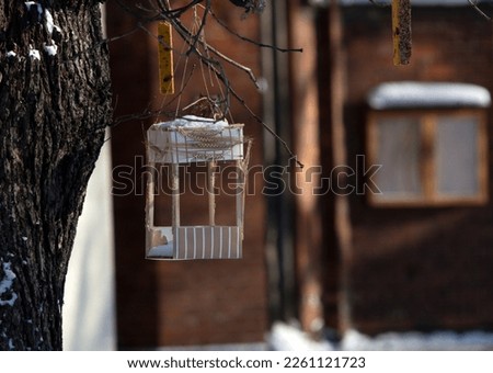 Handmade bird feeder in winter