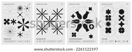 Retro futuristic vector minimalistic Posters with silhouette basic figures, extraordinary graphic elements of geometrical shapes composition, Modern monochrome print brutalism, set 3 Royalty-Free Stock Photo #2261122197