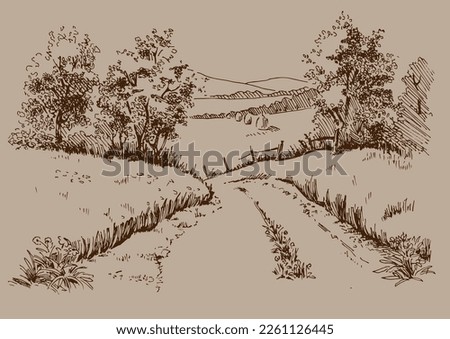 Green grass field on small hills. Meadow, alkali, lye, grassland, pommel, lea, pasturage, farm. Rural scenery landscape panorama of countryside pastures. Vector sketch illustration
 Royalty-Free Stock Photo #2261126445