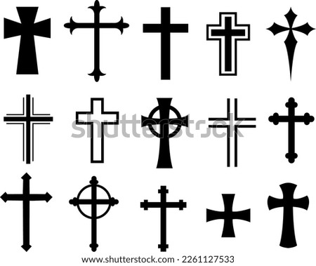 Catholic Symbols - Cross Christian icons. Vector line black christian cross set on white background