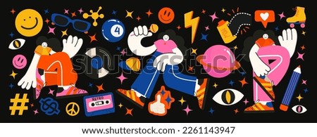 Retro 70s, 80s, 90s hippie stickers, psychedelic acid elements. with emo characters, retro girls. Cartoon funky drinks, flowers, rainbow, vintage hippie style vector elements set. Royalty-Free Stock Photo #2261143947