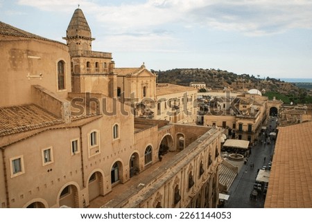 view from the terrace of Santa Chiara church and convent on the cathedral dome and Corso Vittorio Emanuele, Noto, Sicily, Italy