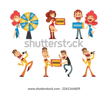 Lottery Show with Man Host with Microphone, Spinning Roulette Wheel and Check Vector Set