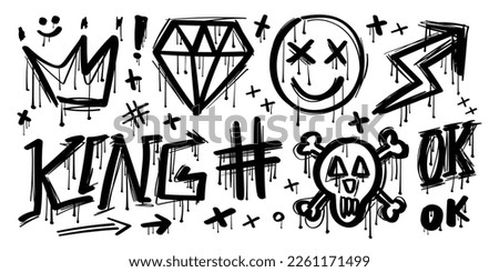 Set of black graffiti spray elements. Collection of skull, diamond, crown, emoji, arrow, king. Airbrush urban style drawing graphics on white isolated background for fashion graphics, t shirt prints.