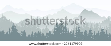 Horizontal banner. Magical misty landscape. Silhouette of forest and mountains, fog. Nature background. Gray and white illustration. ​Bookmark.