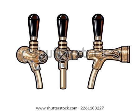 Set of hand drawn metal beer taps, front, side and three quarter view. Design elements for beer production, brewery, pub or bar. Vector illustration isolated on white background.