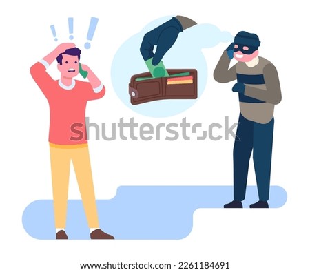 Telephone fraud to take money from people. Scammer calling on phone to steal finance. Banknotes theft from wallet. Robbery by cellphone communication. Man paying to Royalty-Free Stock Photo #2261184691