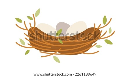 Bird nest of small twigs with chick inside flat icon. Vector illustration