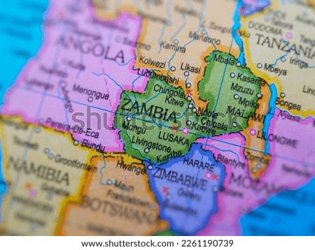 Zambia country and location on map, macro shot and close-up of Zambia on map, 