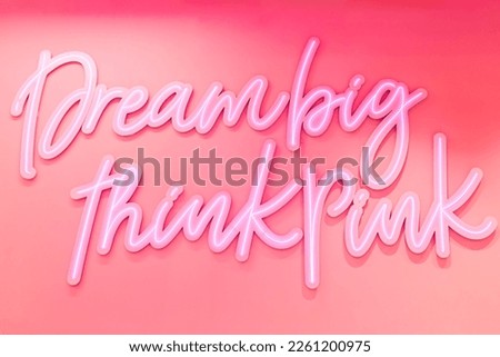 Bright pink neon sign saying dream big and think pink on red wall
