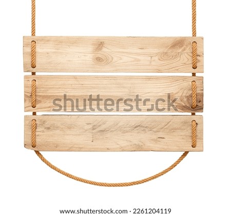 Wooden sign hanging on a rope on white background