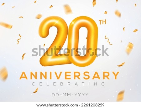 20 year anniversary gold number celebrate jubilee vector logo background. 20th anniversary event golden birthday design