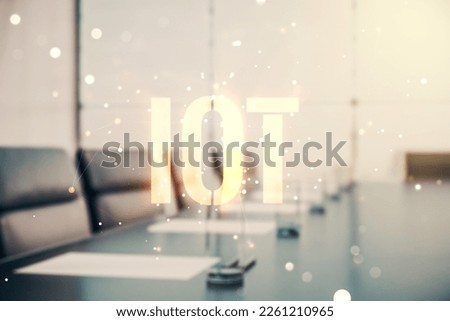 Creative IOT illustration on a modern coworking room background, future technology concept. Multiexposure