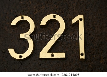 close up of the shiny brass address numbers 321