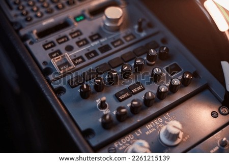 Flight avionics digital control instrument for airplane navigation. Royalty-Free Stock Photo #2261215139