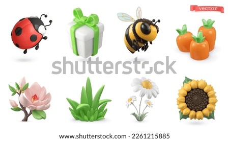 Spring 3d vector cartoon icon set. Ladybug, gift box, bee, carrot, magnolia flower, green grass, chamomile, sunflower Royalty-Free Stock Photo #2261215885