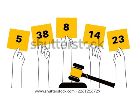 Auction process. Public sale concept. People hold bidding boards in arms, money offer. Goods or property are sold to the highest suggested bidder. Commercial and marketplace flat vector illustration. Royalty-Free Stock Photo #2261216729