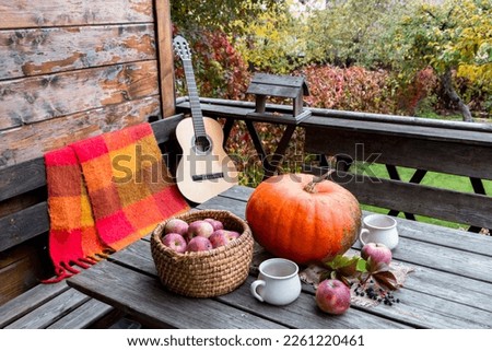 autumn composition with pumpkin and apples and a guitar on an open terrace.  cozy place