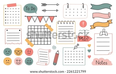 Hand drawn bullet journal doodle. Set of notes, ribbons, frames, stickers for bullet journal, notebook, diary and planner. Vector illustration isolated on white background.
