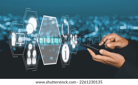 Communication concept, Person hand using smartphone with communication icon on virtual screen.