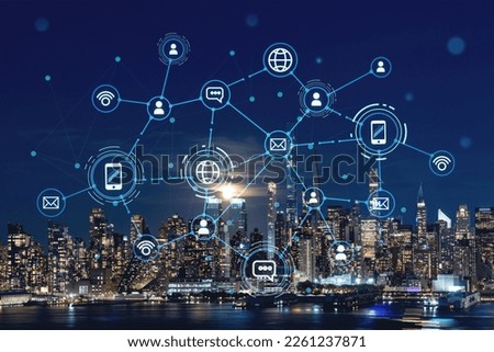 New York City skyline from New Jersey over the Hudson River with the skyscrapers at night, Manhattan, Midtown, USA. Social media hologram. Concept of networking and establishing new people connections