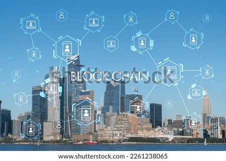 New York City skyline from New Jersey over the Hudson River towards the Hudson Yards at day. Manhattan, Midtown. Decentralized economy. Blockchain, cryptography and cryptocurrency concept, hologram